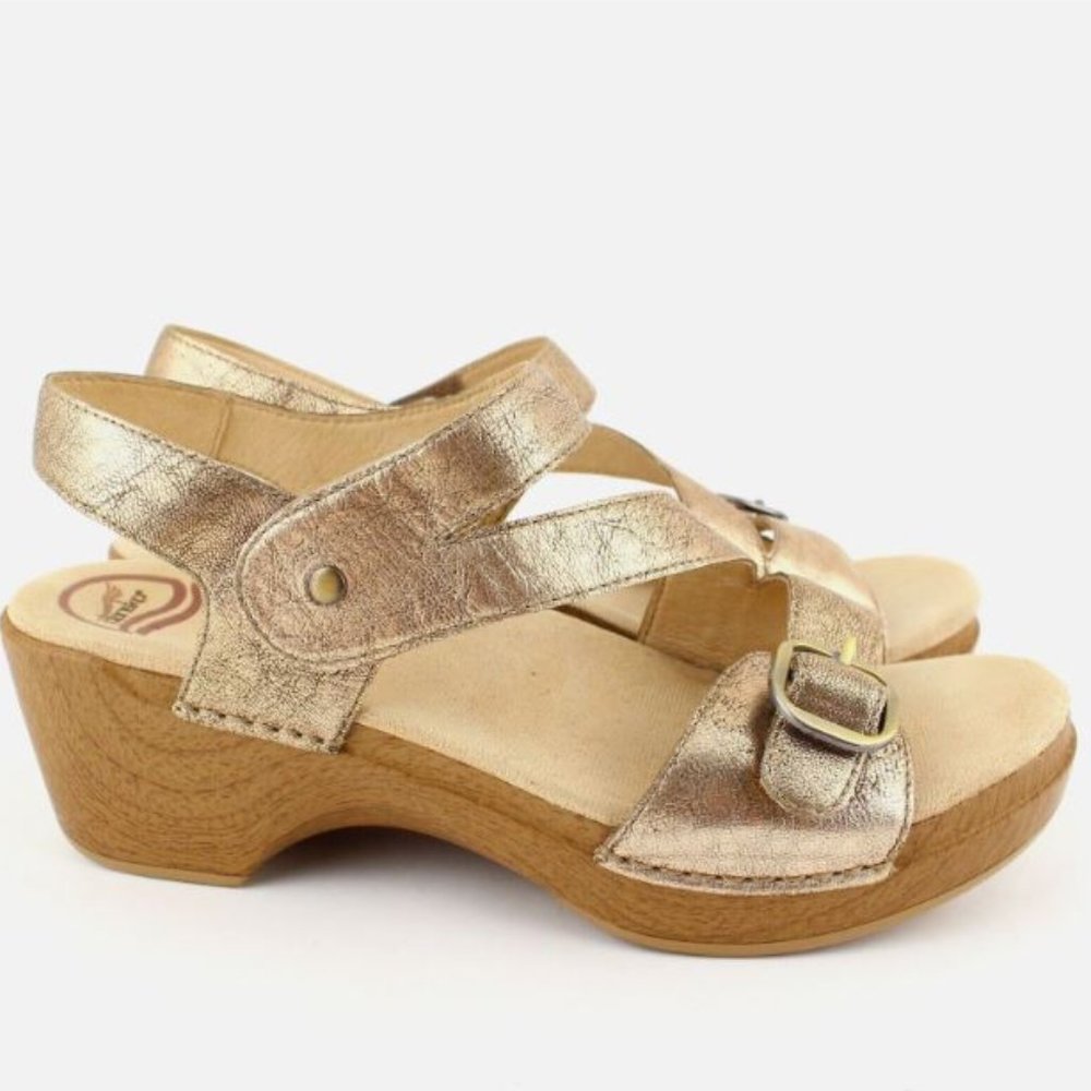 Dansko Shari Metallic Gold Leather Slingback Velcro Strap Sandals